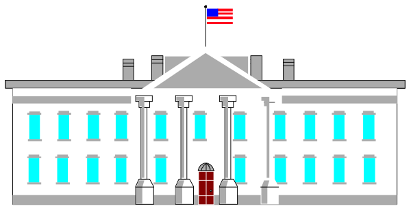 The image shows a pixelated representation of an American presidential residence with columns on either side of its entranceway; it has multiple windows along both floors and is topped by what appears to be a flagpole, all set against a gray background that resembles cloud cover or misty weather conditions.