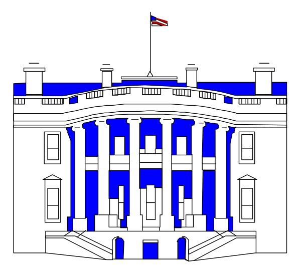 The image shows a black and white illustration of an iconic building with columns that resembles the White House, set against a dark background; there is no text present in this clip-art image.