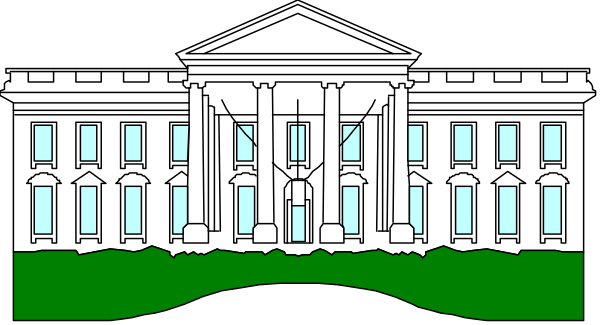 The image shows a white building with columns that resembles an American presidential palace, likely representing the White House, set against a gray background; there is no text present in this clip-art illustration.