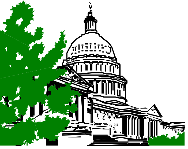 The image shows a black and white photo of an American flag with trees on either side against a dark background; there is no visible text in this clip-art version.