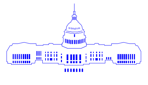 The image shows a stylized representation of an American flag with stars on it above what appears to be a building resembling the United States Capitol in Washington D.C., which is depicted as having columns and being illuminated, set against a dark background that suggests nighttime or evening hours.