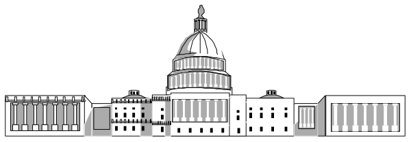 The black and white illustration shows a city skyline with various buildings including what appears to be capitol hill building on left side of image in background; central focus is an iconic dome structure resembling us capital, flanked by two smaller domes that could represent state houses or similar structures.