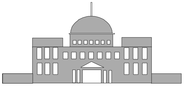 The black and white illustration depicts a building with columns that resembles an official governmental structure, possibly a capitol or courthouse, in front of which is a large dome-like roofed area; there's no text present within this image to provide additional context about the location.