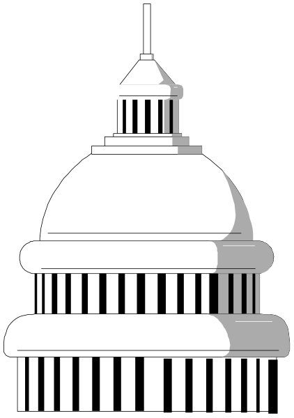 The black and white illustration shows a stylized representation of the United States Capitol building with its distinctive dome on top against an abstract background that resembles stripes in shades of gray and beige, suggesting it could represent American flags.