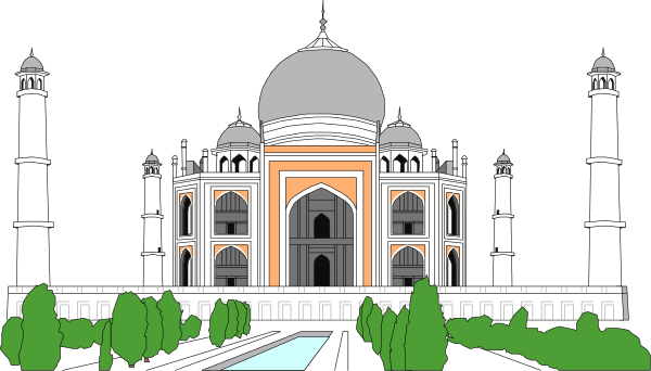 The image shows a stylized illustration of an Indian monument with minarets at nighttime against a dark sky background.