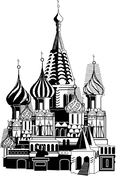 The black and white illustration depicts a stylized version of St Basil's Cathedral with intricate details in Moscow, Russia.