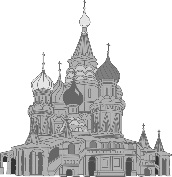 The image shows a black and white illustration of St Basil's Cathedral with its distinctive onion-shaped domes in Moscow, Russia.