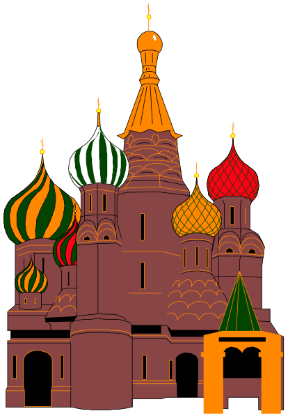 The illustration depicts a colorful representation of St Basil's Cathedral with its distinctive onion domes in Moscow, Russia.