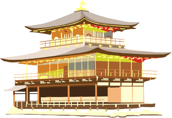 The image shows a traditional Japanese temple with multiple levels of wooden architecture featuring intricate details such as lanterns hanging from eaves and red accents on roof edges; it is set against an overcast sky, suggesting that this could be part of a larger scene or series depicting cultural landmarks.