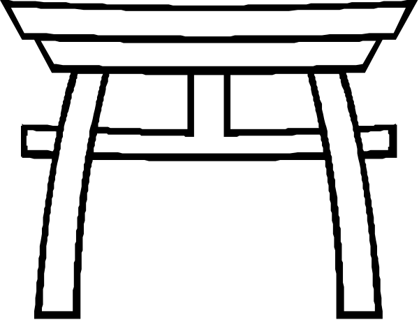 The black and white logo features a traditional Japanese temple gate with two torii poles on either side of an archway that leads to another structure resembling a shrine or small building within it.