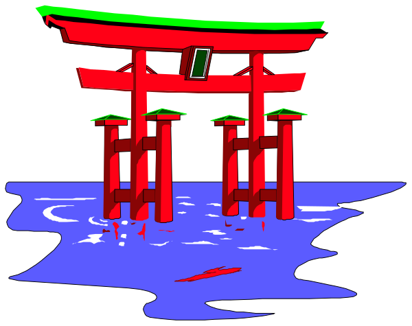 The image shows a traditional Japanese torii gate structure with three gates on stilts over water at nighttime.