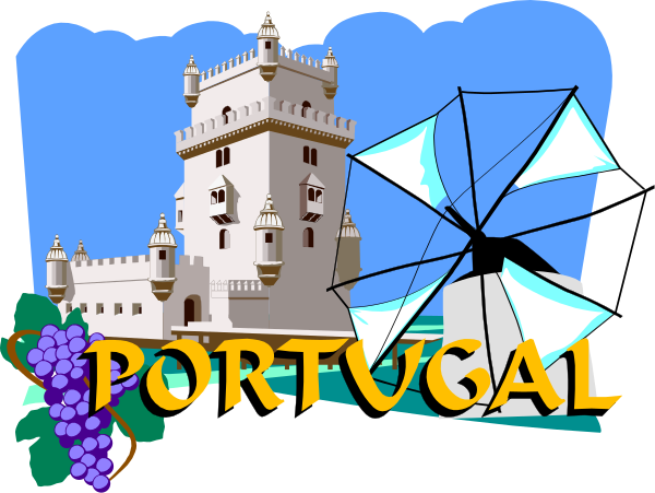 The image shows a stylized graphic of two windmills with sails against an illustrated background featuring a castle-like structure labeled "Portugal" in Portuguese script on top right corner; there's also text that reads "Wine Grapes."