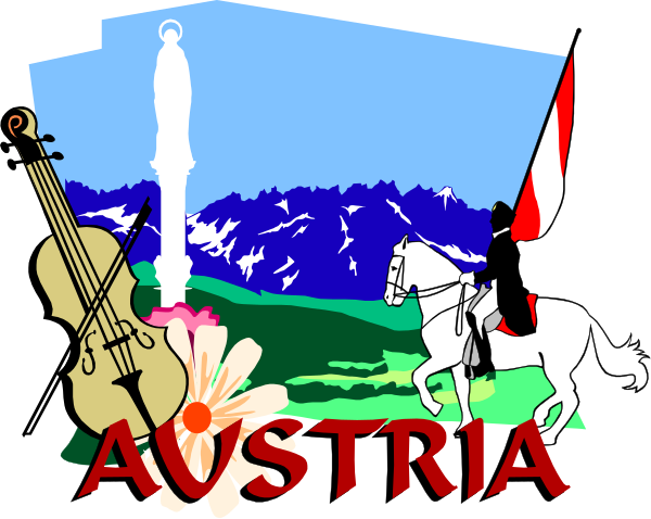 The image features a stylized representation of Austria with various symbols such as an eagle's head on top left corner, mountains in background, horse rider to right side, violin at bottom center, and text "AUSTRIA" prominently displayed across middle section.