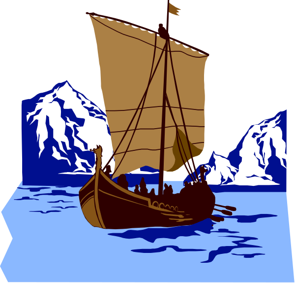 The image shows a stylized depiction of an ancient Viking ship sailing on water with mountains visible behind it under what appears to be clear skies during daylight hours.