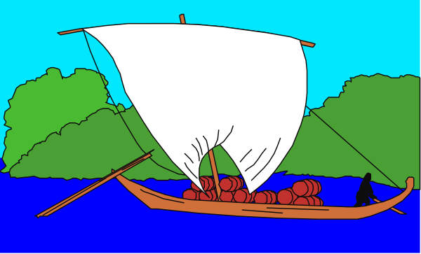 The image shows a cartoon depiction of an old sailing ship on water with sails down, carrying cargo including barrels that resemble wine bottles; there is no visible text in this small clip-art illustration.