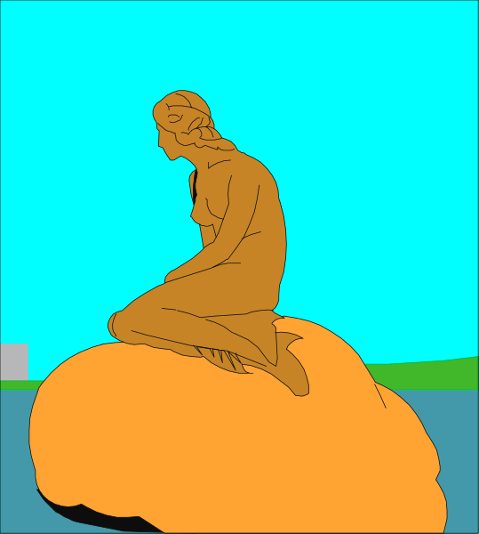 The image shows a cartoon of an orange statue sitting on top of what appears to be a large rock with blue sky in the background.