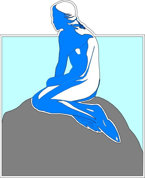 The image shows a stylized illustration of an artistic mermaid sitting on top of rocks with her tail wrapped around them in front of what appears to be water under blue sky.
