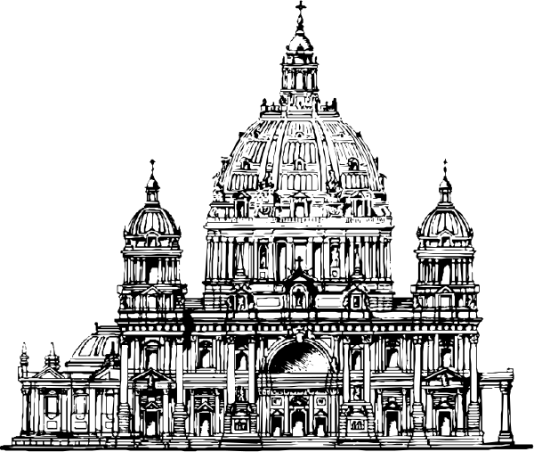 The black and white illustration shows a cathedral with multiple domes under an overcast sky at nighttime.