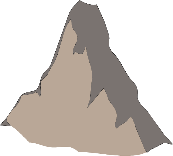 The image shows a simplistic representation of an outdoor scene with two mountains: on the left is a tall mountain peak that appears to be in shadow; on the right stands another smaller hill under clear skies.