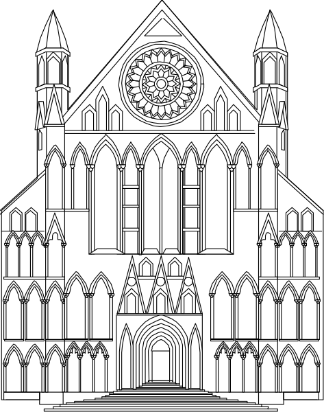 The black and white illustration depicts a Gothic cathedral with two towers on either side of an arched entranceway featuring pointed archways and flying buttresses; it is detailed enough to show architectural features such as windows, spires, columns, and decorative elements like pinnacles.
