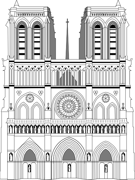 The black and white illustration shows a detailed architectural rendering of Notre Dame Cathedral with its iconic towers and intricate Gothic design elements such as pointed arches, flying buttresses, ribbed vaults, stained glass windows, gargoyles, spires, pinnacles, statues, clocks on the facade.