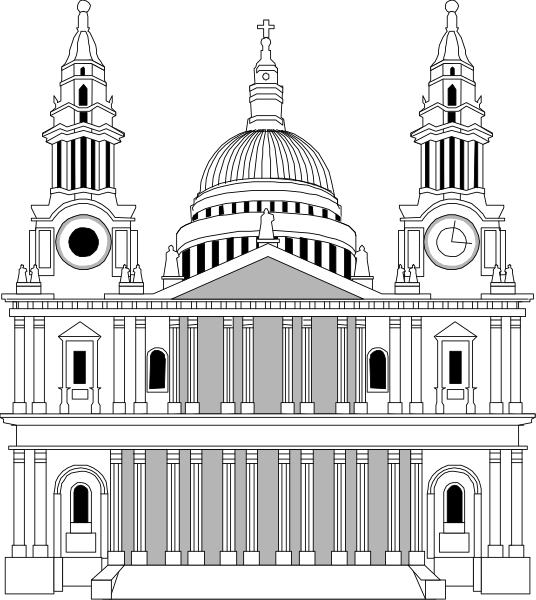 The black and white illustration shows a cathedral with two towers featuring clocks at their tops; there is an arched entranceway in front of it under which columns support an overhang.