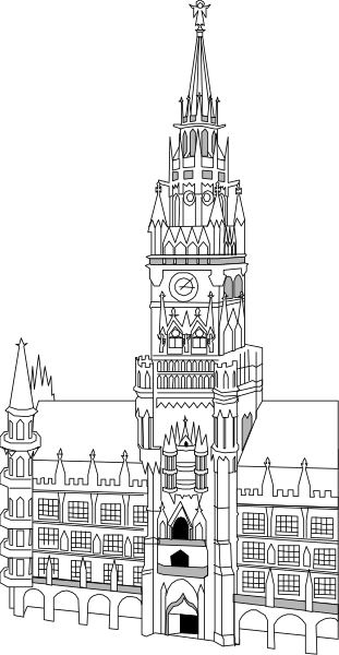 The black and white illustration shows a clock tower with multiple spires against an evening sky background.