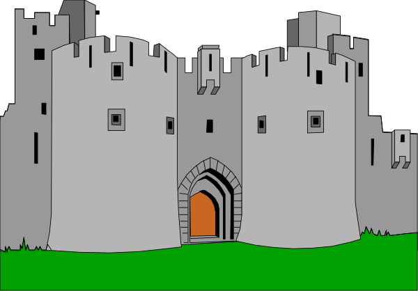 The image shows a black and white illustration of an old castle with two towers connected by walls on either side. There is no visible activity in this still frame; it appears to be a static depiction without any people, animals, actions taking place within its confines.