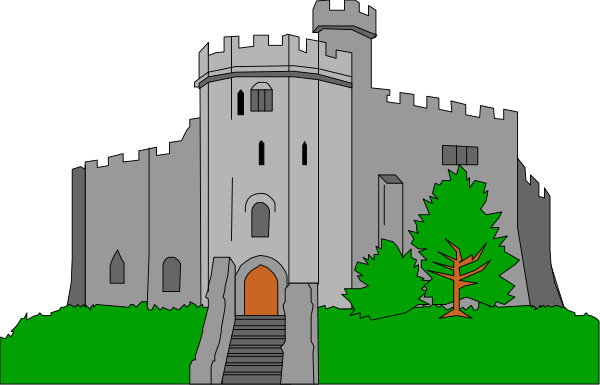 The image shows a castle with an open gate at nighttime under dark skies.