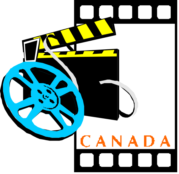 The image features a black background with two distinct elements: on top left corner is an iconic film clapperboard symbolizing cinema; below it to its right side is Canada's national flag logo indicating Canadian origin, and in bottom center there appears to be a reel of movie tape or possibly the wheel from a car.
