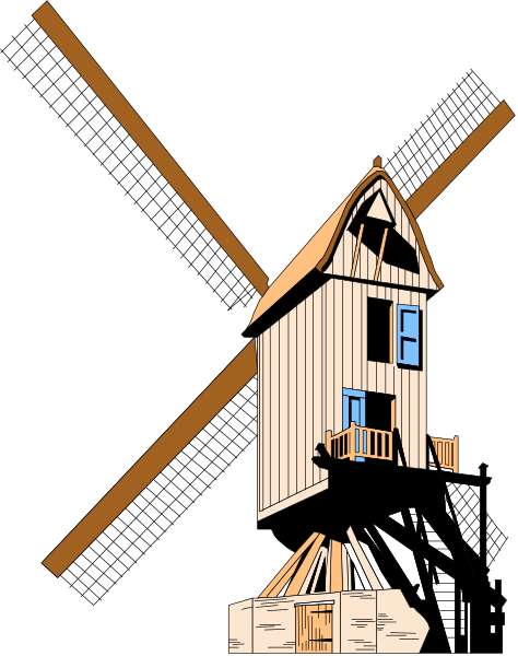 The black and white illustration shows a windmill with three blades against an overcast sky at nighttime; there is also a small house in front of it on land.