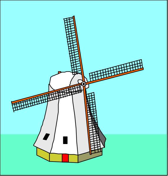 The image shows a cartoon depiction of two windmills: on the left is an old white mill with red accents; to its right stands another similar structure but smaller in size.