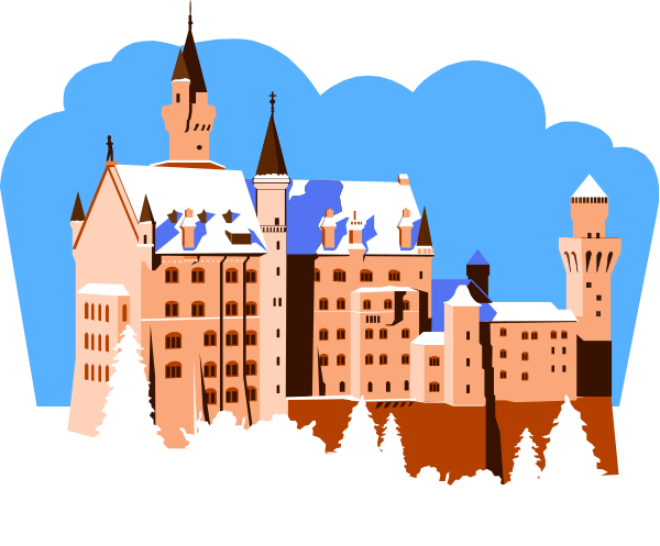 The image shows a stylized illustration of an old castle with snow on its roofs set against a blue sky background.