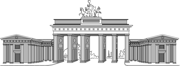 The image shows a black and white illustration of an iconic building with columns that resembles the Brandenburg Gate in Berlin, Germany, situated next to another structure which appears similar but smaller than it is set against a backdrop featuring what seems like a European-style cityscape or skyline.