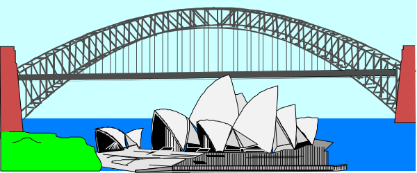 The image shows a stylized illustration of Sydney Harbour Bridge with boats on water under it; there is no text present in this clip-art representation.