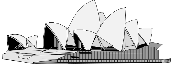 The black and white silhouette of a cityscape with an opera house prominently featured on its right side.