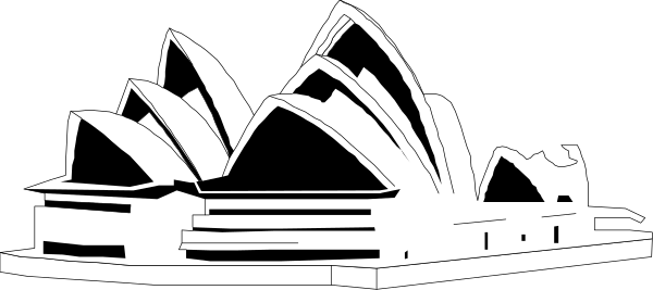 The black and white silhouette of a Sydney Opera House with its distinctive sail design on top against an indistinct background.