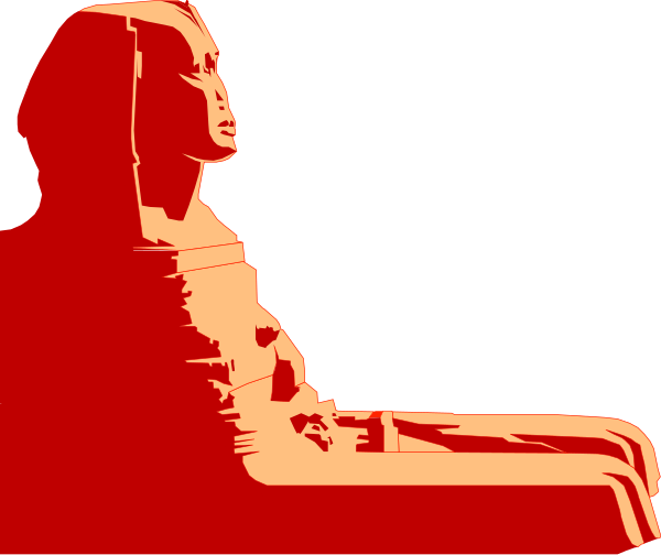 The image shows a red silhouette of an ancient Egyptian statue sitting on what appears to be a chair with its arms crossed in front of it against a black background.