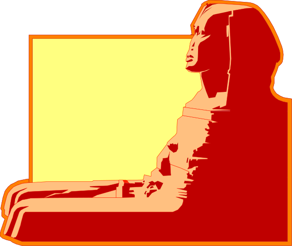 The image shows a red silhouette of an Egyptian pharaoh sitting on what appears to be a chair with their legs crossed in front of them against a yellow background that has some orange hues at the top, suggesting either sunrise or sunset; there is no text present within this clip-art.