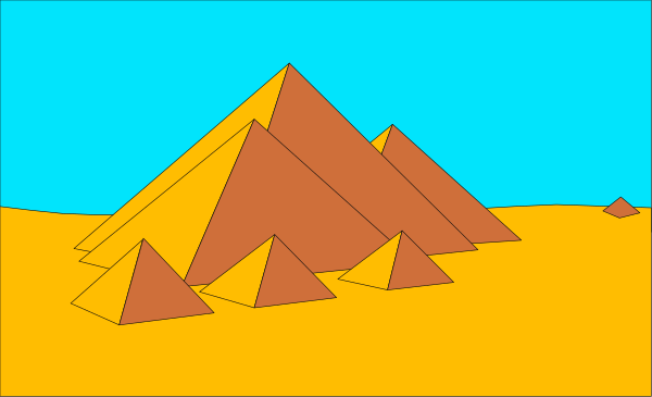 The image shows a desert landscape with sand dunes under an orange sky at sunset; there is no text present on this clip-art picture.