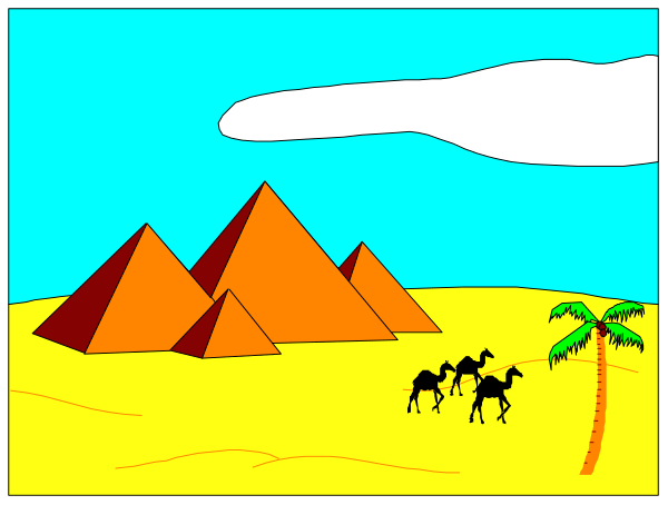 The image shows a cartoon depiction of an Egyptian desert scene with three camels walking towards pyramids under a cloudy sky; there's also palm trees in front of them on what appears to be sand dunes, and two people standing near one tree at bottom right corner.