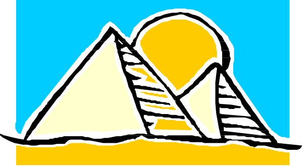 The image shows a stylized depiction of an ancient pyramid with rays emanating from it under what appears to be either sunrise or sunset in front of mountains against a blue sky, suggesting Egypt as depicted by clip-art style artistry.