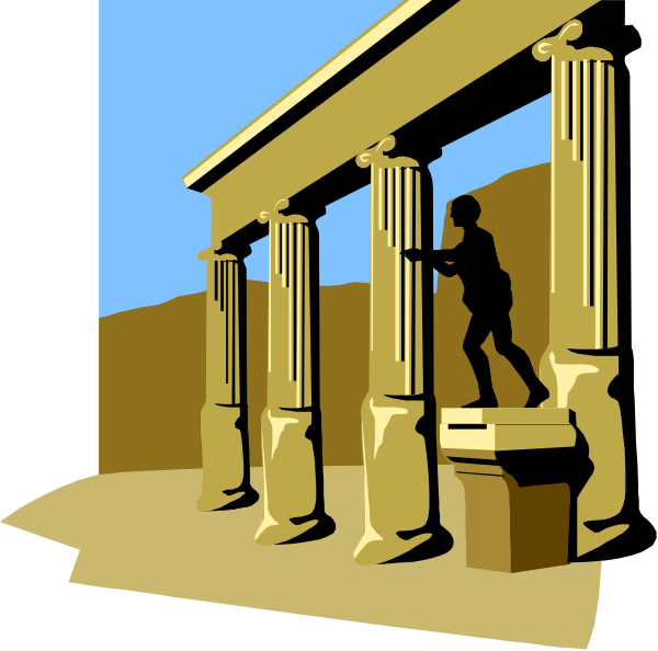 The image shows a classical architectural structure with columns on either side of an archway under which there is a single figure walking through it; in front of this scene stands another person who appears to be looking at something off-camera, possibly taking a photograph given their stance and focus.