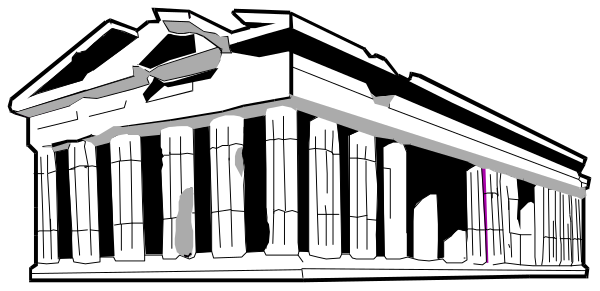 The black and white silhouette of a building with columns against an evening sky background.