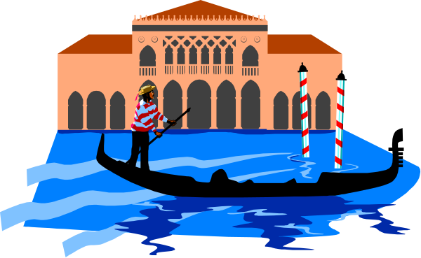 The image depicts a stylized scene of an old European city with buildings featuring arched windows under what appears to be a blue sky; in front is water where two gondolas can be seen floating, one closer and another further away from each other on either side of the frame.