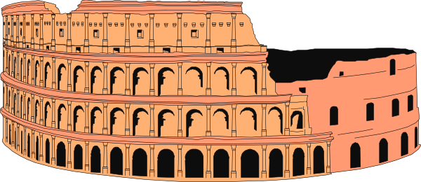 The image shows a colorful illustration of two ancient Greek temples with columns against an orange sky background.