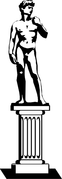 The black and white photo shows a statue of an ancient Greek male figure standing on top of what appears to be a pedestal with columns at its base.