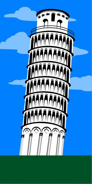 The image shows a cartoon illustration of an iconic leaning tower with arched windows next to it on what appears to be grassy ground under a blue sky.