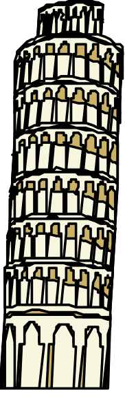 The image shows a tall tower with multiple levels of arches on each side, resembling an ancient structure like Big Ben in London; it is depicted as black-and-white clipart against a gray background.