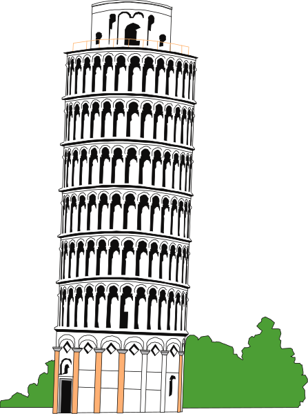 The image shows a cartoon illustration of an iconic landmark known as Leaning Tower of Pisa with its distinctive tilted structure in Italy.